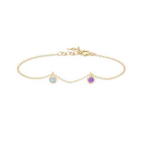 Bezel Set Gemstone Drop Bracelet - 2 Stone – 18K Gold Plated Silver with Blue Topaz and Amethyst