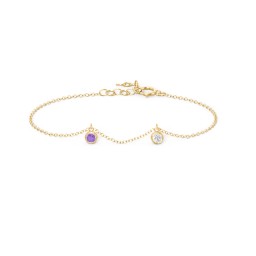 Bezel Set Gemstone Drop Bracelet - 2 Stone in 10K Solid Yellow Gold with Amethyst and Cubic Zirconia