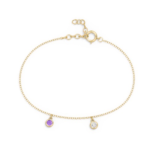 Bezel Set Gemstone Drop Bracelet - 2 Stone – 10K Yellow Gold with Amethyst and Cubic Zirconia