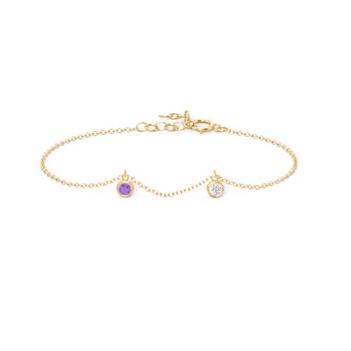 Bezel Set Gemstone Drop Bracelet - 2 Stone – 10K Yellow Gold with Amethyst and Cubic Zirconia