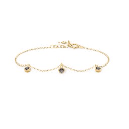 Bezel Set Gemstone Drop Bracelet - 3 Stone in 18K Gold Plated Silver with Smokey Quartz