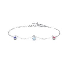 Bezel Set Gemstone Drop Bracelet - 3 Stone – Sterling Silver with Blue Sapphire, Blue Topaz, and Ruby