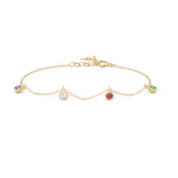Bezel Set Gemstone Drop Bracelet - 4 Stone in 10K Solid Yellow Gold with Amethyst, Cubic Zirconia, Ruby, and Emerald