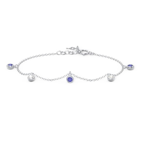 Bezel Set Gemstone Drop Bracelet - 5 Stone – Sterling Silver with Blue Sapphire and Cubic Zirconia