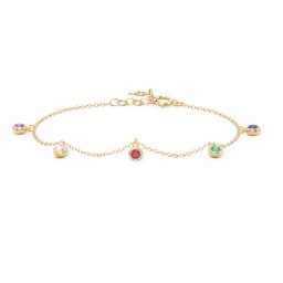 Bezel Set Gemstone Drop Bracelet - 5 Stone in 10K Solid Yellow Gold with Amethyst, Cubic Zirconia, Ruby, Emerald, and Blue Sapphire