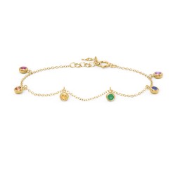 Bezel Set Gemstone Drop Bracelet - 6 Stone in 18K Gold Plated Silver with Ruby, Orange Sapphire, Citrine, Emerald, Blue Sapphire, and Amethyst