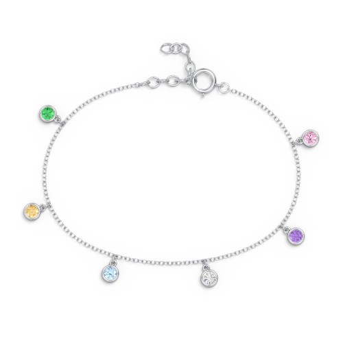Bezel Set Gemstone Drop Bracelet - 6 Stone – Sterling Silver with Emerald, Citrine, Blue Topaz, Cubic Zirconia, Amethyst, and Pink Tourmaline
