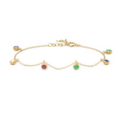 Bezel Set Gemstone Drop Bracelet - 6 Stone in 10K Solid Yellow Gold with Amethyst, Cubic Zirconia, Ruby, Emerald, and Blue Sapphire