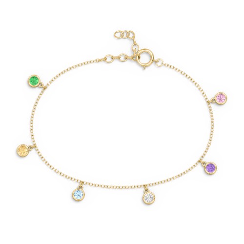 Bezel Set Gemstone Drop Bracelet - 6 Stone – 10K Yellow Gold with Emerald, Citrine, Blue Topaz, Cubic Zirconia, Amethyst, and Pink Tourmaline