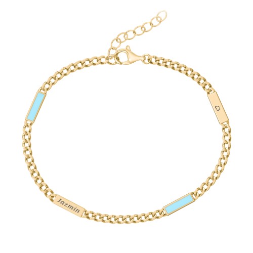 Engravable Bar Open Curb Bracelet with Blue Enamel Bars