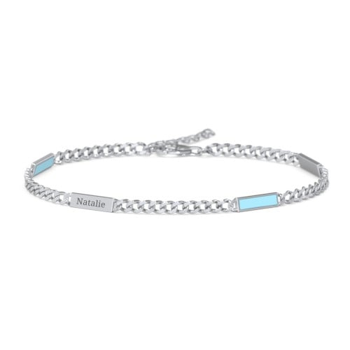 Engravable Bar Open Curb Bracelet with Blue Enamel Bars