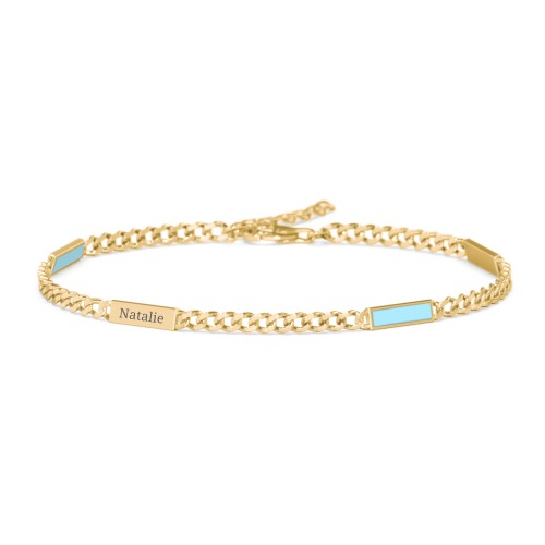 Engravable Bar Open Curb Bracelet with Blue Enamel Bars – 18K Gold Plated Silver