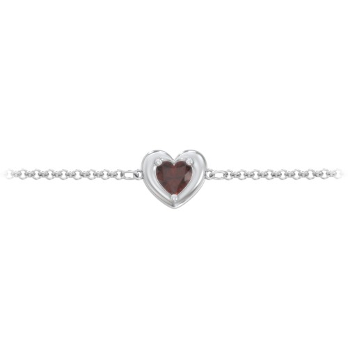 Puffy Heart Birthstone Bracelet – Sterling Silver with Garnet