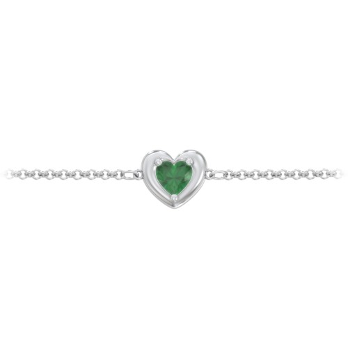 Puffy Heart Birthstone Bracelet – Sterling Silver with Emerald