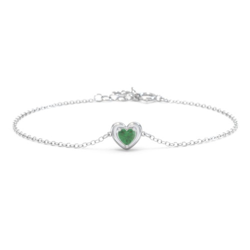 Puffy Heart Birthstone Bracelet – Sterling Silver with Emerald