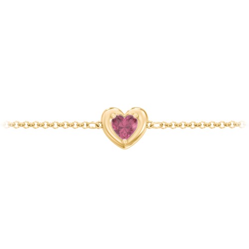 Puffy Heart Birthstone Bracelet – 18K Gold Plated Silver with Pink Tourmaline