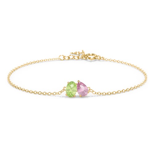 Toi et Moi Oval and Pear Gemstone Bracelet – 18K Gold Plated Silver with Peridot and Pink Tourmaline