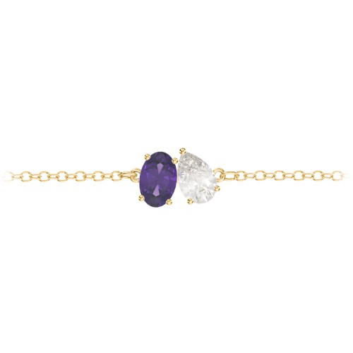 Toi et Moi Oval and Pear Gemstone Bracelet – 10K Yellow Gold with Amethyst and Cubic Zirconia