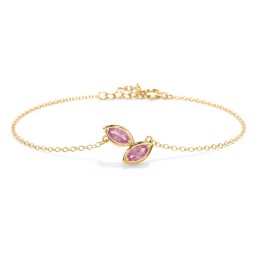 2 Marquise Birthstone Leaf Bracelet in 18K Gold Plated Silver with Pink Tourmaline