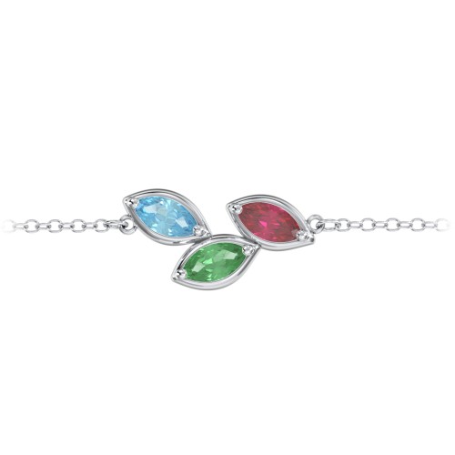3 Marquise Birthstone Leaf Bracelet – Sterling Silver with Blue Topaz, Emerald, and Ruby