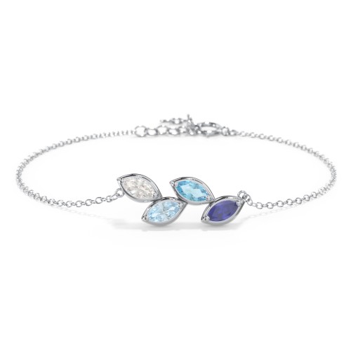 4 Marquise Birthstone Leaf Bracelet – Sterling Silver with Cubic Zirconia, Aquamarine, Blue Topaz, and Blue Sapphire
