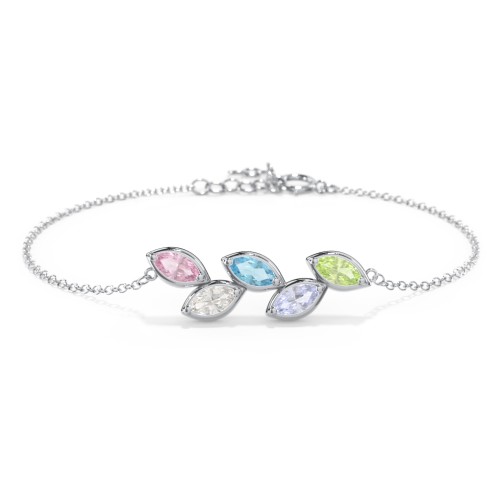 5 Marquise Birthstone Leaf Bracelet – Sterling Silver with Pink Tourmaline, Cubic Zirconia, Blue Topaz, Lavender Premium Zirconia, and Peridot