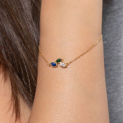 5 Marquise Birthstone Leaf Bracelet – 18K Gold Plated Silver with Pink Tourmaline, Cubic Zirconia, Blue Topaz, Lavender Premium Zirconia, and Peridot