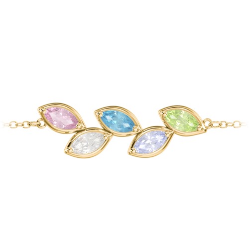 5 Marquise Birthstone Leaf Bracelet – 18K Gold Plated Silver with Pink Tourmaline, Cubic Zirconia, Blue Topaz, Lavender Premium Zirconia, and Peridot
