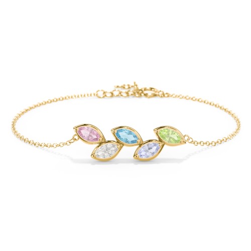 5 Marquise Birthstone Leaf Bracelet – 18K Gold Plated Silver with Pink Tourmaline, Cubic Zirconia, Blue Topaz, Lavender Premium Zirconia, and Peridot
