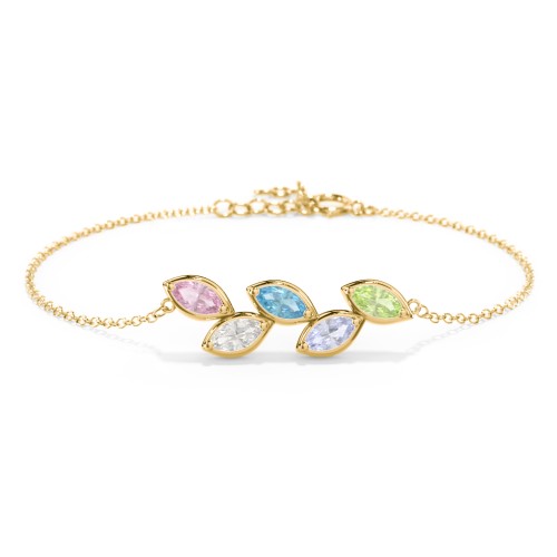 5 Marquise Birthstone Leaf Bracelet – 10K Yellow Gold with Pink Tourmaline, Cubic Zirconia, Blue Topaz, Lavender Premium Zirconia, and Peridot