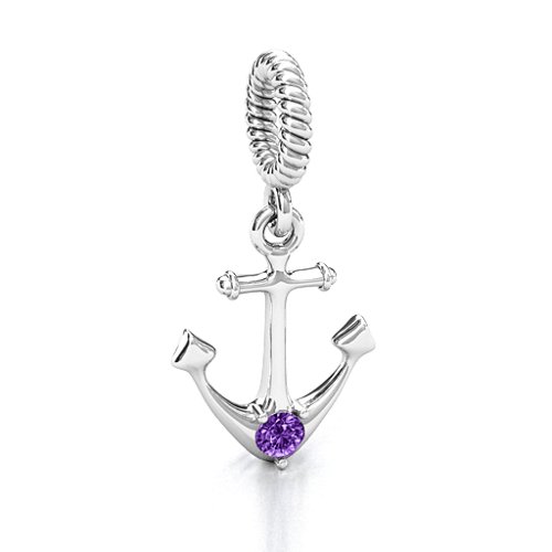 Anchor With Round Stone Bracelet Charm – Sterling Silver with Amethyst