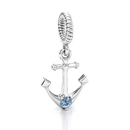 Anchor With Round Stone Bracelet Charm in 925 Sterling Silver with Aquamarine, Cubic Zirconia, Emerald, Citrine, and Pink Tourmaline