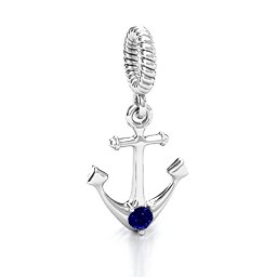 Anchor With Round Stone Bracelet Charm in 925 Sterling Silver with Blue Sapphire, Cubic Zirconia, Emerald, Citrine, and Pink Tourmaline