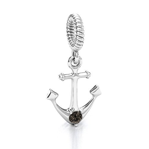 Anchor With Round Stone Bracelet Charm – Sterling Silver with Smokey Quartz