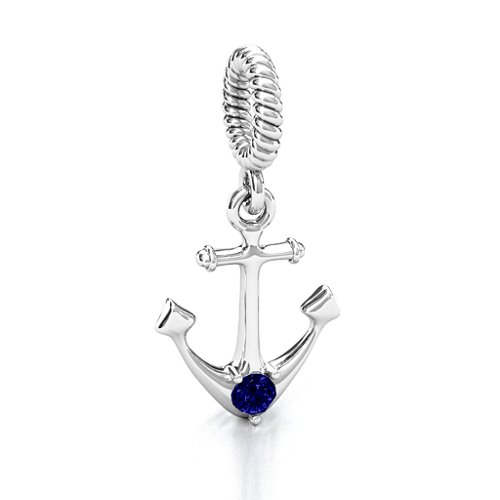 Anchor With Round Stone Bracelet Charm – Sterling Silver with Blue Sapphire