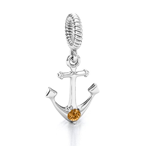 Anchor With Round Stone Bracelet Charm – Sterling Silver with Citrine