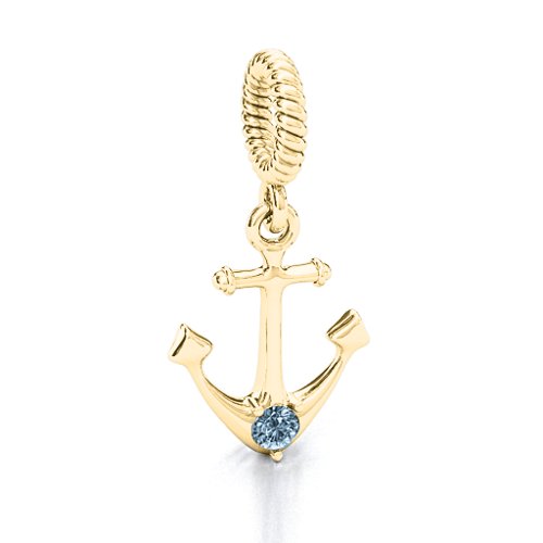 Anchor With Round Stone Bracelet Charm – 10K Yellow Gold with Aquamarine