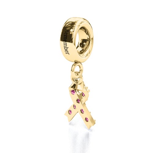 Awareness Ribbon Bracelet Charm – 10K Yellow Gold with Pink Tourmaline