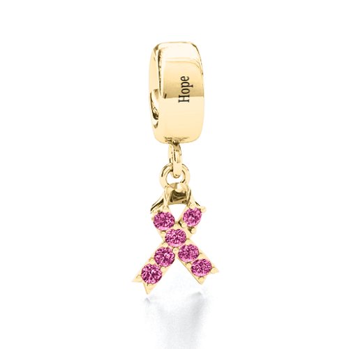 Awareness Ribbon Bracelet Charm – 10K Yellow Gold with Pink Tourmaline