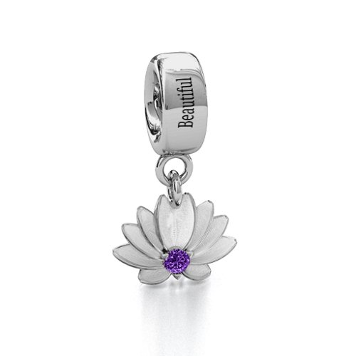 Splendid Lotus Flower Bracelet Charm – Sterling Silver with Amethyst