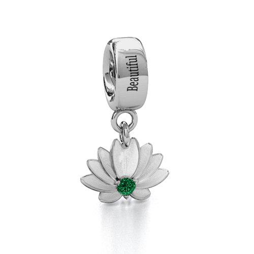 Splendid Lotus Flower Bracelet Charm – Sterling Silver with Emerald