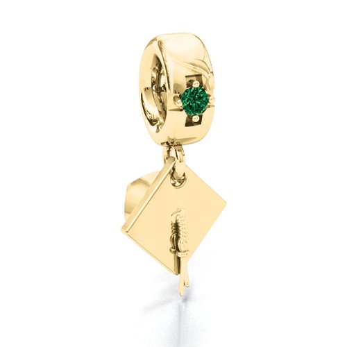 Graduate Cap Bracelet Charm – 10K Yellow Gold with Emerald