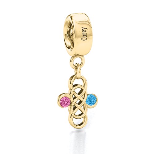 Sisters Forever Bracelet Charm – 10K Yellow Gold with Pink Tourmaline and Blue Topaz
