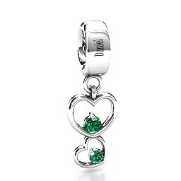 Double Heart Nest Bracelet Charm in 925 Sterling Silver with Emerald