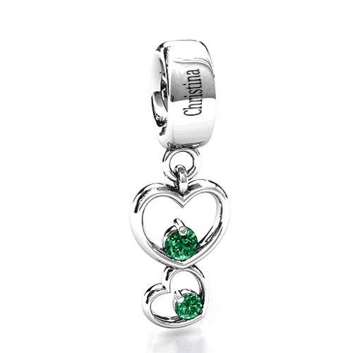 Double Heart Nest Bracelet Charm – Sterling Silver with Emerald