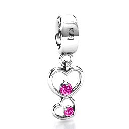 Double Heart Nest Bracelet Charm in 925 Sterling Silver with Pink Tourmaline