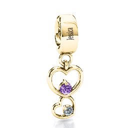 Double Heart Nest Bracelet Charm in 10K Solid Yellow Gold with Amethyst and Cubic Zirconia