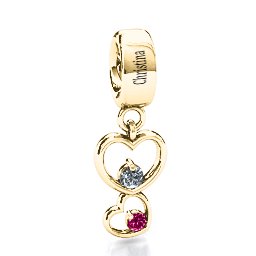 Double Heart Nest Bracelet Charm in 10K Solid Yellow Gold with Cubic Zirconia and Ruby