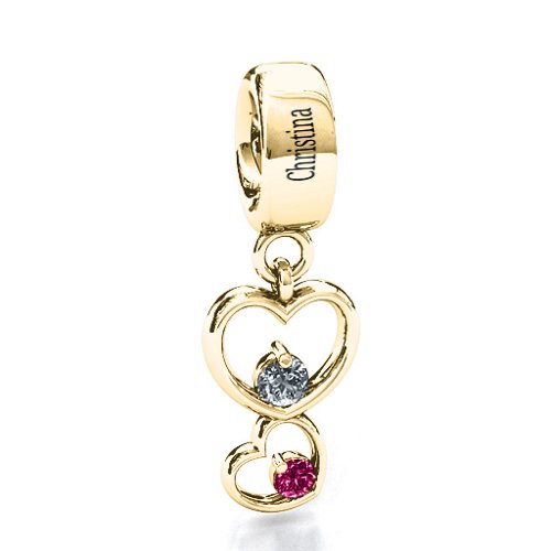 Double Heart Nest Bracelet Charm – 10K Yellow Gold with Cubic Zirconia and Ruby