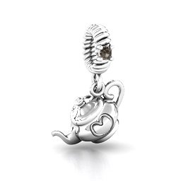 Teapot with Hearts Bracelet Charm in 925 Sterling Silver with Smokey Quartz